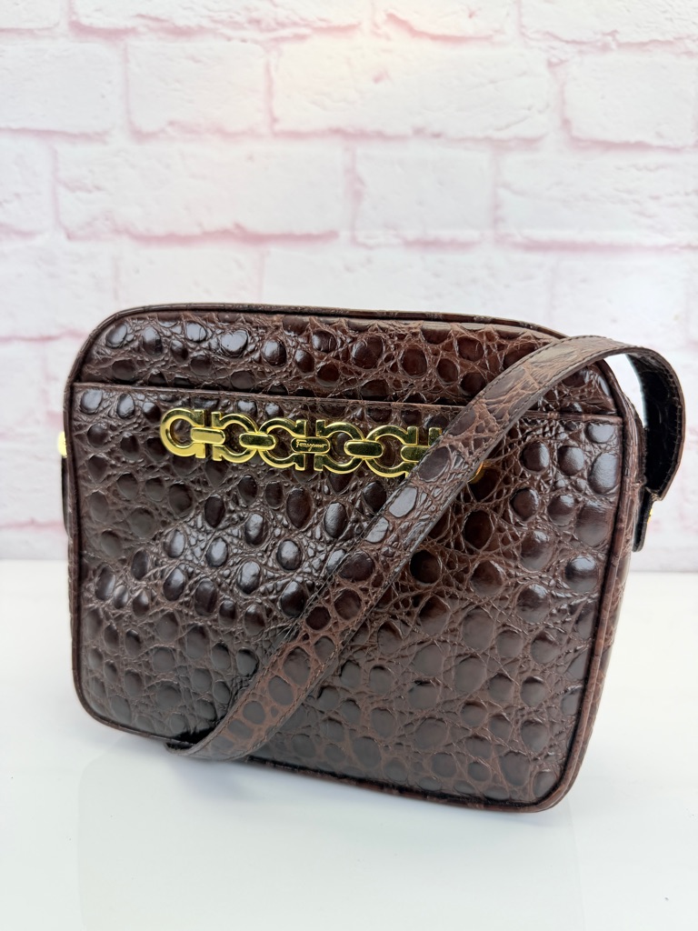 Ferragamo Vera Bow Croc-Embossed Leather Crossbody Vintage